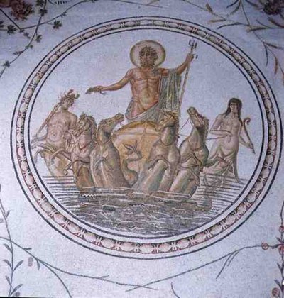Neptuno en su carro, con hipocampos y tritones (mosaico) de Unbekannt
