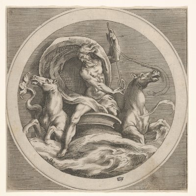 Neptuno emergiendo del mar y portando un bastón, acompañado por dos caballos con cabeza de..., ca. 1550-1600 de Unbekannt