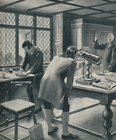 Newton inventa un nuevo telescopio, c1934 de Unbekannt