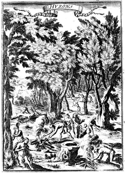 Indios hurones de América del Norte cazando y preparando comida en el bosque, 1686 de Unbekannt