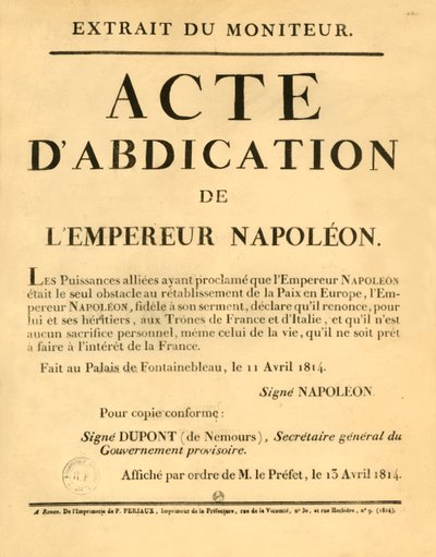 Aviso anunciando la abdicación del Emperador Napoleón, 11 de abril de 1813, 1921 de Unbekannt