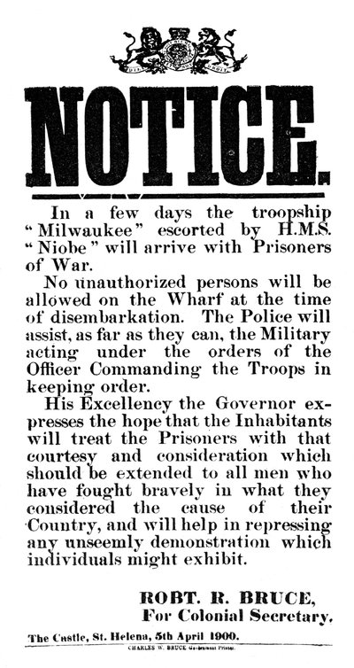 Aviso de la llegada de prisioneros de guerra bóer en el Milwaukee, Santa Elena, 5 de abril de 1900 de Unbekannt