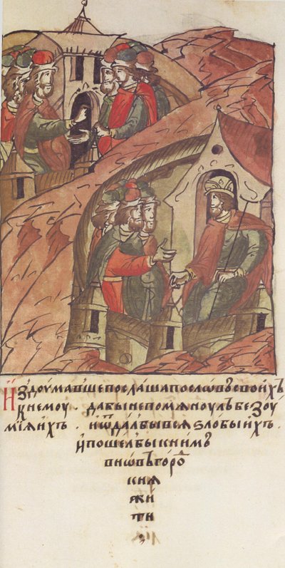 Veche de Novgorod. Los novgorodianos invitaron a Yaroslav II Vsevolodovich a gobernar sobre ellos. De la ilustración de Unbekannt