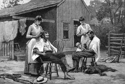 Una de las tareas de una dama - Corte de cabello en familia, 1889 de Unbekannt