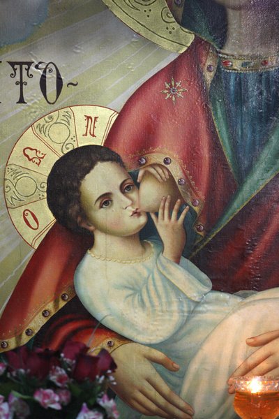 Icono ortodoxo en la iglesia del monasterio de San Gerassimos: Jesús amamantado por su madre, Israel de Unbekannt
