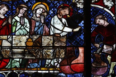 Nuestra Señora de la Catedral de Estrasburgo. Vidriera. La transformación del agua en vino en las bodas de Caná. Siglo XIV. Estrasburgo. Francia. de Unbekannt