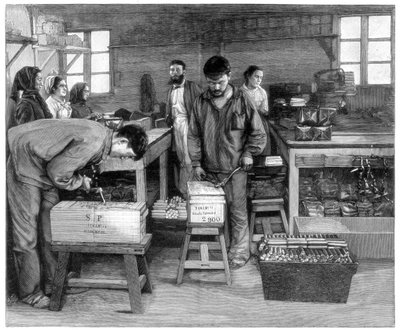 Empacando cartuchos en cajas en Isleten, cerca de Fluelen, Suiza, 1893 de Unbekannt