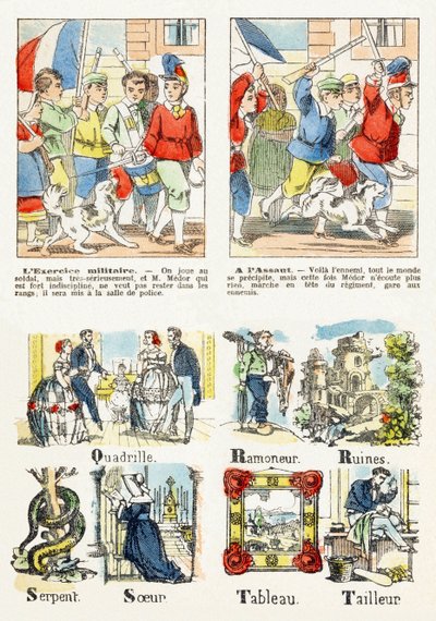 Página 7 - juegos de niños: el ejercicio militar, Al asalto - Alfabeto - Entretenimientos infantiles - Imágenes de Épinal, serie popular, hacia 1890 de Unbekannt