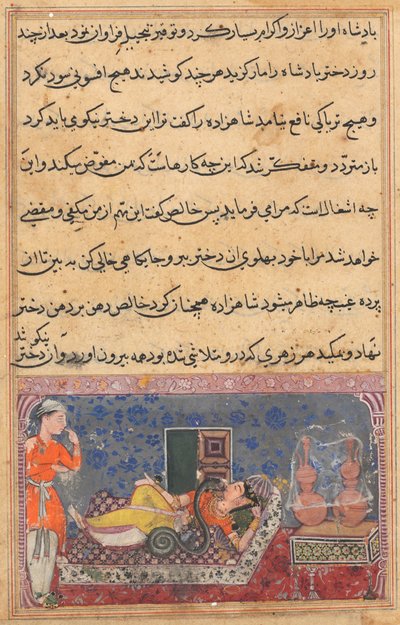 Página de Cuentos de un Loro Tuti-nama: Decimoctava noche: Khalis paga..., c. 1560 de Unbekannt