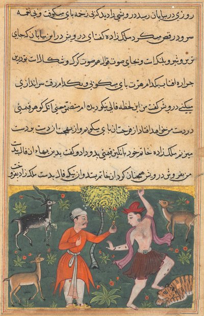 Página de Cuentos de un Loro Tuti-nama: Decimoctava noche: El príncipe se encuentra..., c. 1560 de Unbekannt