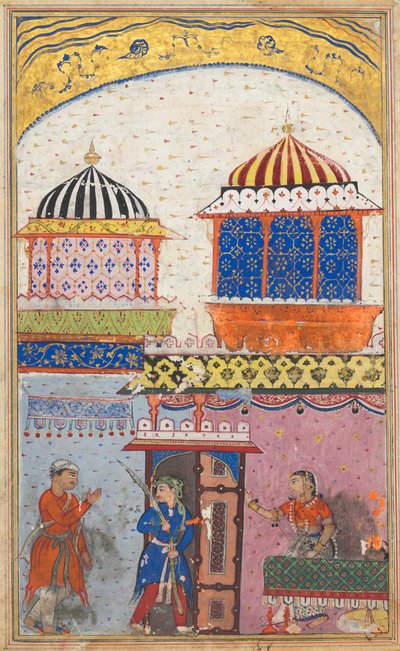 Página de Cuentos de un Loro Tuti-nama: Octava noche: Una mujer pide a su amante que se vaya..., c. 1560 de Unbekannt