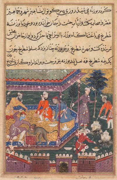 Página de Cuentos de un loro Tuti-nama: Quinta noche: El mono herido muerde la mano, c. 1560 de Unbekannt