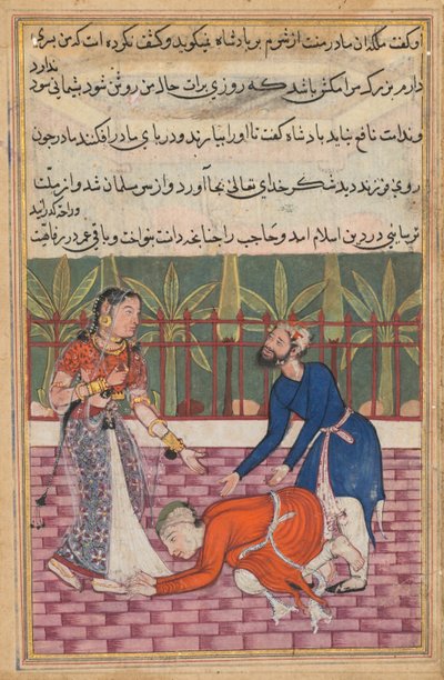 Página de Cuentos de un Loro Tuti-nama: Quincuagésima noche: El guardia restaura al hijo..., c. 1560 de Unbekannt