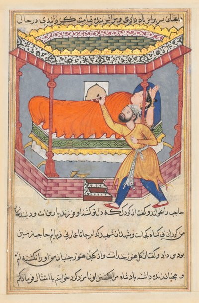 Página de Cuentos de un loro Tuti-nama: Quincuagésima noche: El rey coloca el talismán..., c. 1560 de Unbekannt