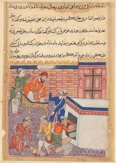Página de Cuentos de un loro Tuti-nama: Quincuagésima noche: El emisario del rey siendo provisto..., c. 1 de Unbekannt