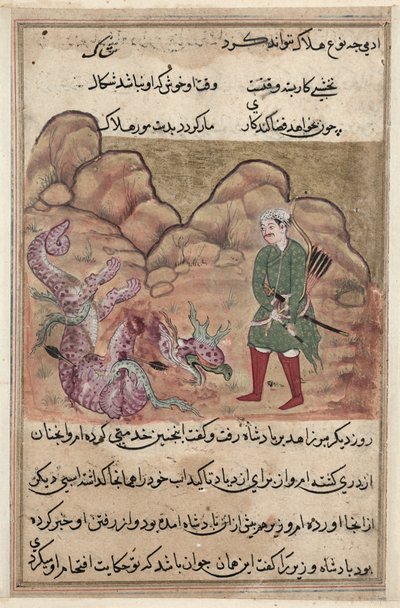 Página de Cuentos de un loro Tuti-nama: Quincuagésima segunda noche: El hijo del hombre piadoso..., c. 1560 de Unbekannt