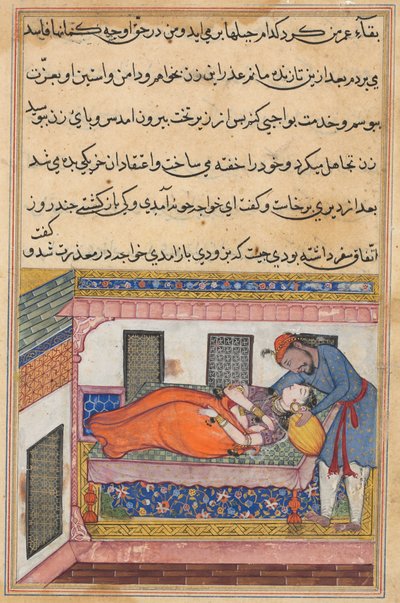 Página de Cuentos de un Loro Tuti-nama: Cuadragésima noche: El esposo de Shahr-Arai..., c. 1560 de Unbekannt