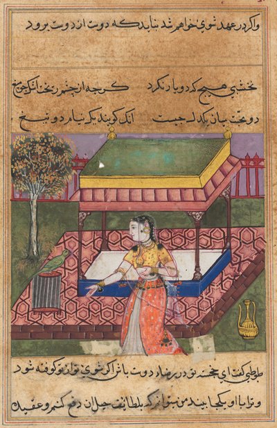 Página de Cuentos de un Loro Tuti-nama: Cuadragésima noche: El loro se dirige a Khujasta..., c. 1560 de Unbekannt