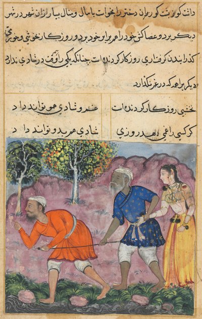 Página de Cuentos de un Loro Tuti-nama: Cuadragésima segunda noche: La hija del Rajá..., c. 1560 de Unbekannt