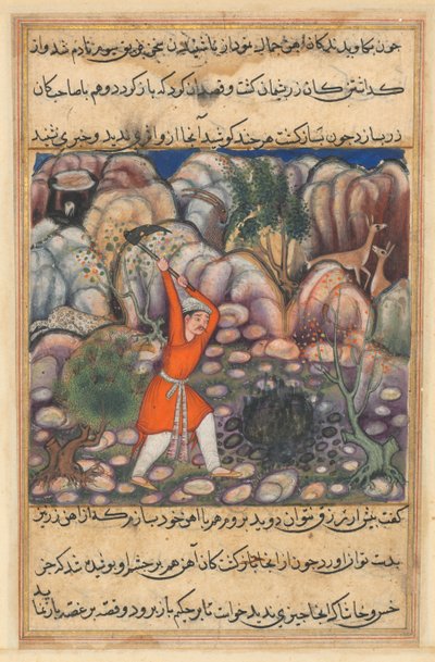 Página de Cuentos de un loro Tuti-nama: Cuadragésima séptima noche: El cuarto hombre cava..., c. 1560 de Unbekannt