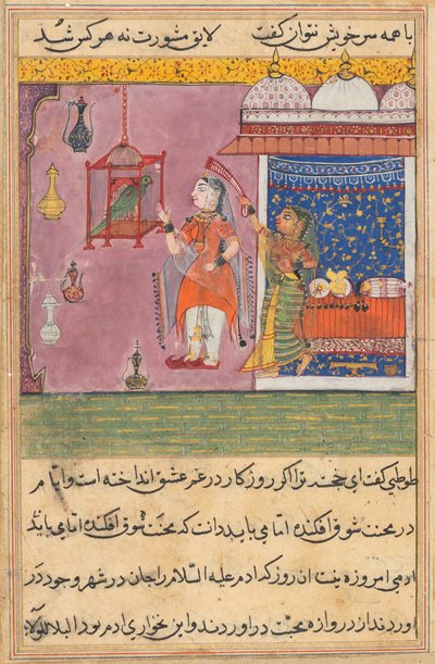 Página de Cuentos de un loro Tuti-nama: Noche decimonovena: El loro se dirige..., c. 1560 de Unbekannt