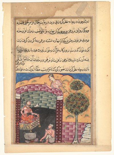 Página de Cuentos de un Loro Tuti-nama: Séptima noche: El jugador Brahmán ve..., c. 1560 de Unbekannt