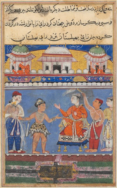 Página de Cuentos de un Loro Tuti-nama: Séptima noche: el derviche trae al Rey..., c. 1560 de Unbekannt