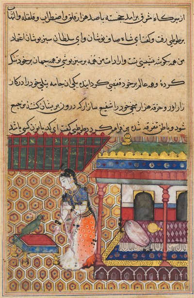Página de Cuentos de un loro Tuti-nama: Trigésima octava noche: El loro se dirige a Khujasta, c1560 de Unbekannt