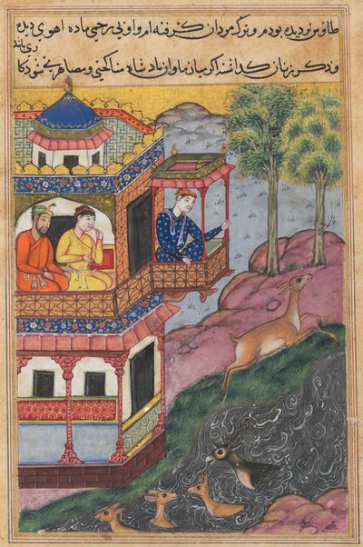 Página de Cuentos de un loro Tuti-nama: Trigésima novena noche: La pintura hecha por..., c. 1560 de Unbekannt