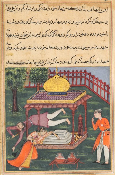 Página de Cuentos de un Loro Tuti-nama: Trigésima sexta noche: Mahrusa se mata..., c. 1560 de Unbekannt