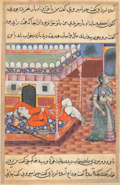 Página de Cuentos de un loro Tuti-nama: Trigésima sexta noche: El rey sueña con una dama..., c. 1560 de Unbekannt