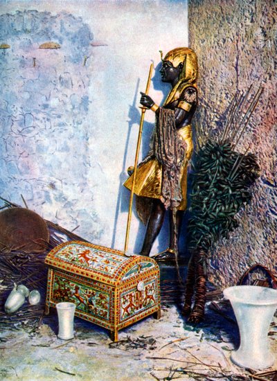 Cofre pintado que yace a los pies de la estatua de Tutankamón, Egipto, 1933-1934 de Unbekannt