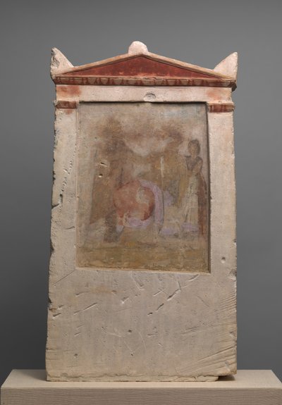 Estela funeraria de piedra caliza pintada con una mujer en parto, finales del siglo IV-principios del siglo III a.C. de Unbekannt