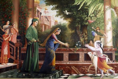 Pintura en Bhaktivedanta Manor que representa al joven Krishna corriendo hacia Madre Yasoda y Nanda Maharaj (sus padres adoptivos) Watford, Gran Bretaña de Unbekannt