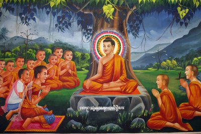 Pintura que representa a Buda enseñando bajo un árbol, con el rey Bimbisara en Rajagaha Udong Camboya de Unbekannt