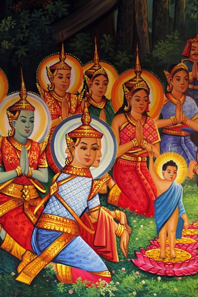 Pintura que representa el cumpleaños de Buda (Wesak) en Wat Than Phnom Penh Camboya de Unbekannt