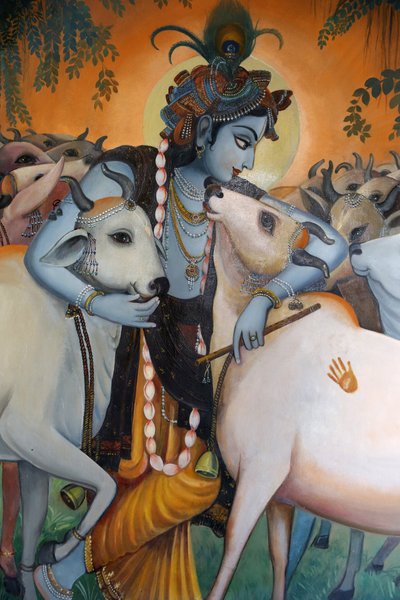 Pintura que representa al dios hindú Krishna abrazando vacas. India de Unbekannt