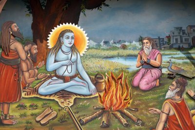Pintura que representa a un hombre santo (sentado en la piel de un tigre como Shiva) rodeado de seguidores, Haridwar de Unbekannt
