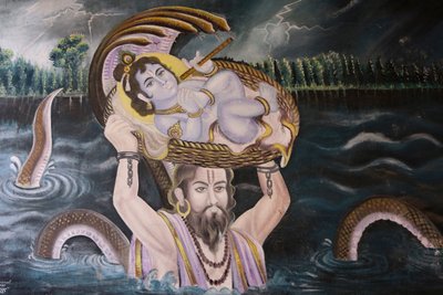 Pintura en Gokul: Krishna como un bebé llevado sobre el río Yamuna por Vasudeva, India de Unbekannt