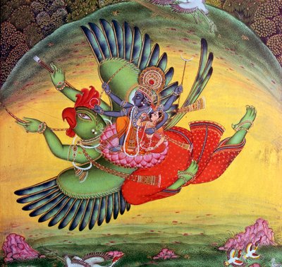 Pintura de Vishnu y su consorte Lakshmi montados en el dios pájaro Garuda de Unbekannt