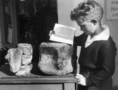 Palos Verdes, California: c.1927 Un niño estudia arqueología con el uso de una vértebra prehistórica fosilizada encontrada en las colinas cercanas. de Unbekannt