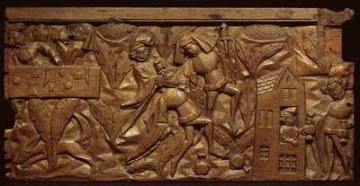 Panel que representa una escena del Cuento del Vendedor de Indulgencias, medieval de Unbekannt