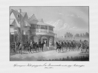 Desfile del regimiento de la Guardia de Caballeros en el Palacio Cottege en el Parque de Alejandría en Peterhof, 185 de Unbekannt