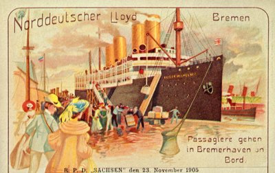 Pasajeros abordando el gigante SS Kaiser Wilhelm II en Bremerhaven, 1905 de Unbekannt