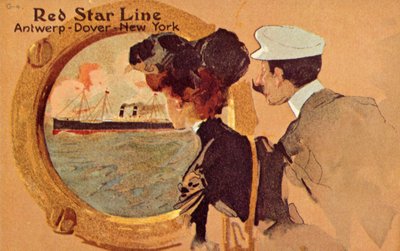 Pasajeros mirando por el ojo de buey a bordo de un transatlántico de la Línea Roja, c1900 de Unbekannt