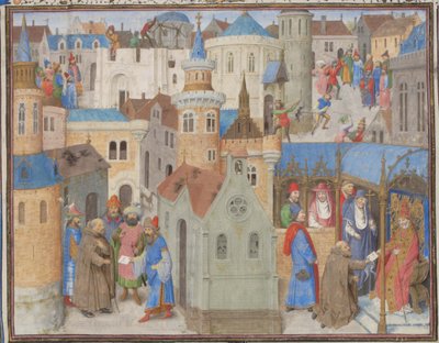 Pedro el Ermitaño escucha al Papa Urbano II en el Concilio de Clermont. Miniatura de la Historia de Guillermo de Tiro, 1460s de Unbekannt