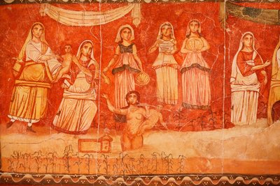 Faraón y la infancia de Moisés, fresco proveniente de la Sinagoga de Dura Europos, 244-245, y conservado en el Museo Nacional de Damasco. Foto tomada en el Museo Judío de Nueva York durante una exposición. de Unbekannt