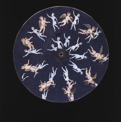Disco de fenakistiscopio mostrando a un cupido y dos niñas, c 1830 de Unbekannt
