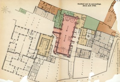 Plano del Guildhall y sus alrededores, Ciudad de Londres, c. 1750 1886 de Unbekannt