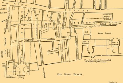 Plano de una porción de Westminster entre 1734 y 1748 - Antes de la construcción de Parliament Street de Unbekannt